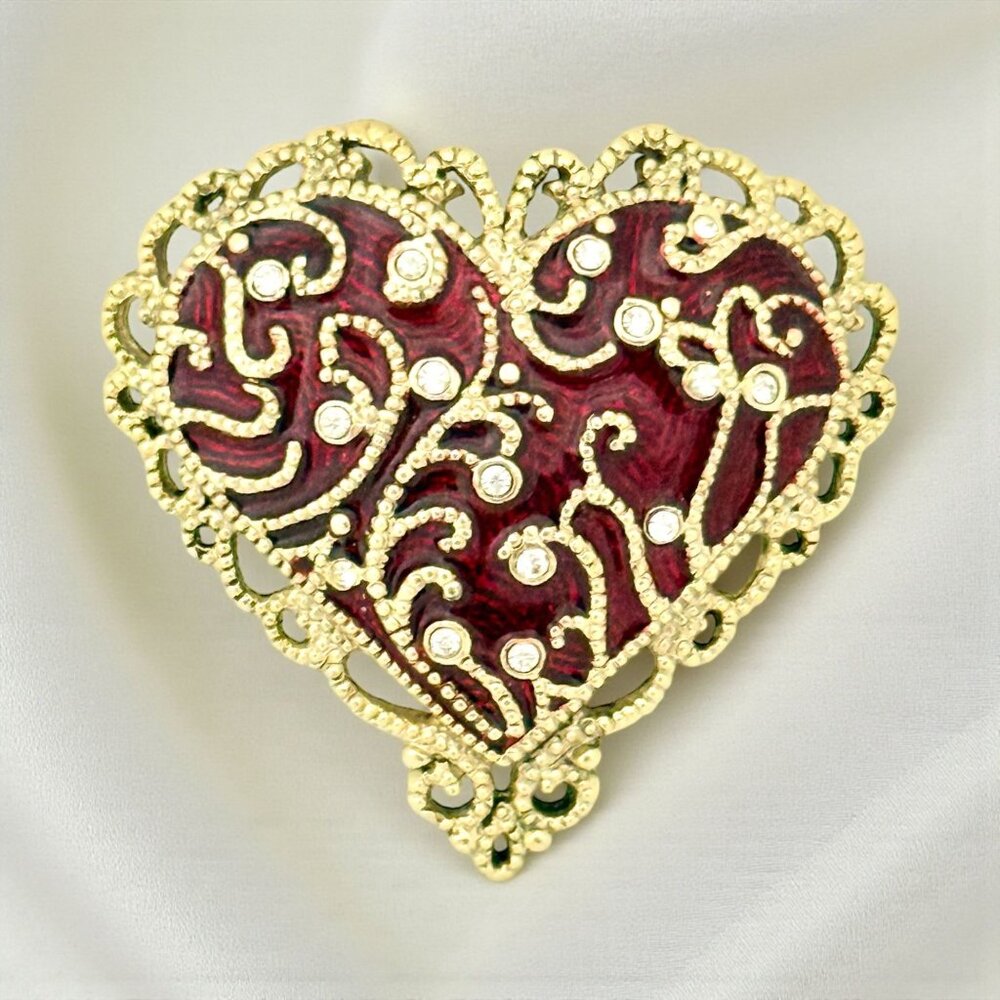 Monet Gold-Tone Heart Brooch Red Enamel, Filigree Scroll & Rhinestone Accents